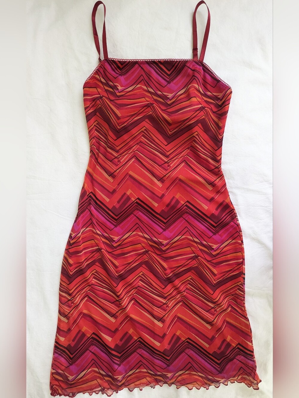 Vintage Y2K Medium Small Mesh Slip Knee Length Dress Geometric Orange Summer